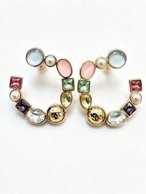 Elegant Gold-Tone Multicolor Crystal Hoop Earrings with Pearls